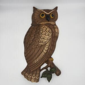 Vintage 1960's Owl Wall Decor Hanging Syroco USA Plastic 17" Bird Horned MCM